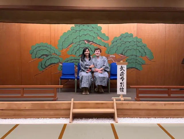 A staged photo of Emily and Chris in Japanese clothes